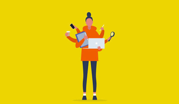 Multitasking millennial concept. Young female character with six hands doing a lot of tasks at the same time  / flat editable vector illustration